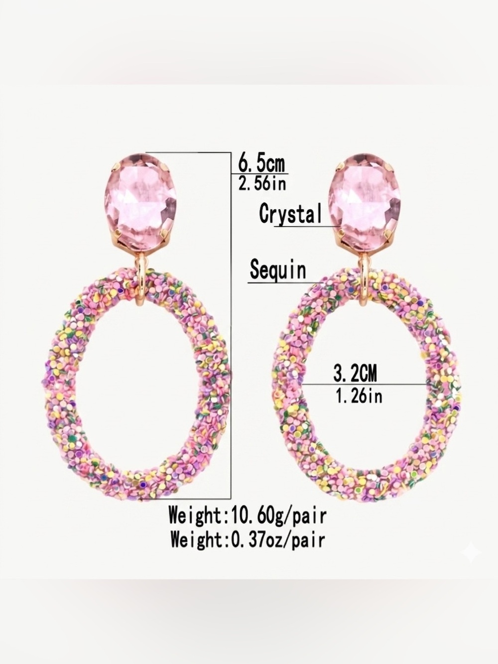 Bohemian Sequin Oval Drop Earrings | Pink Crystal Statement Dangle - Picture 5 of 5